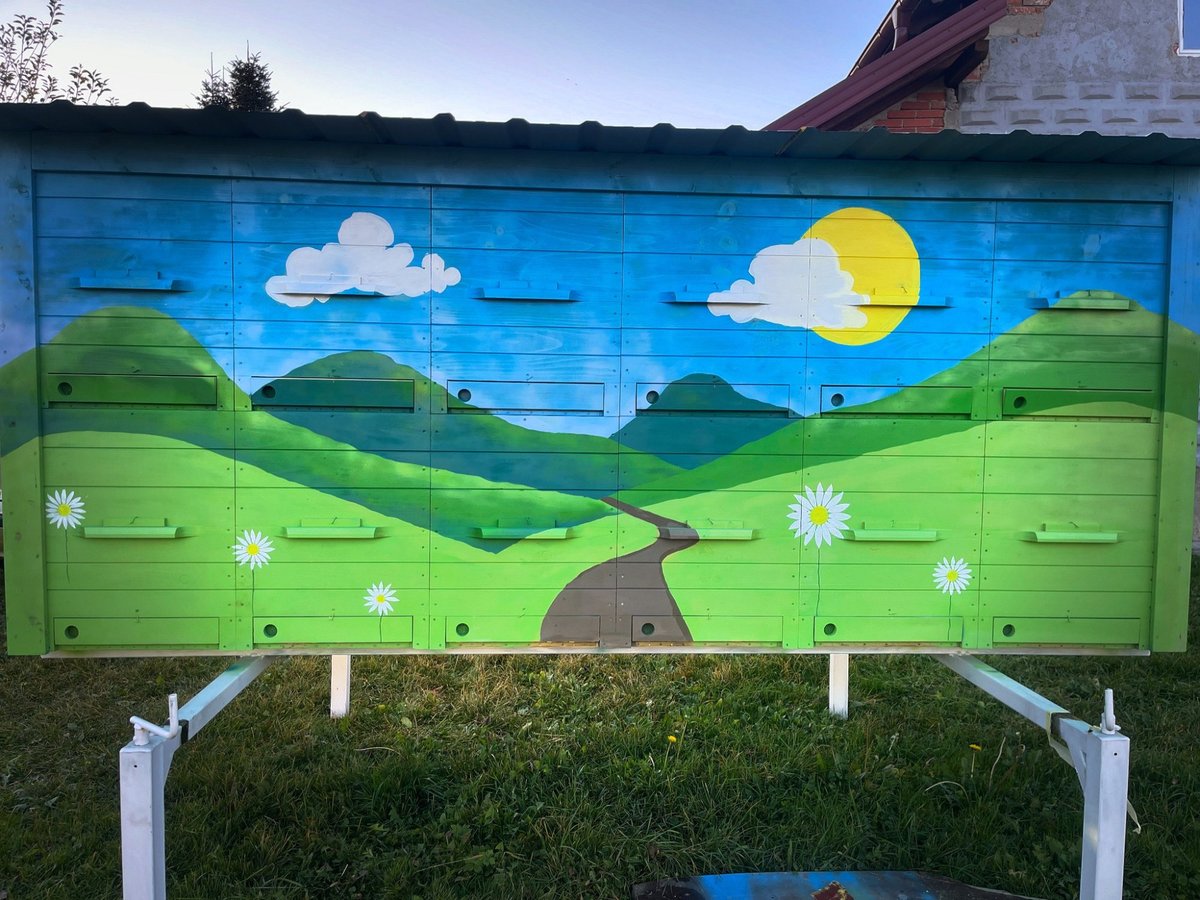 Oslikana pčelinja košnica s prirodnim krajolikom — vanjski mural, Lisica Murali